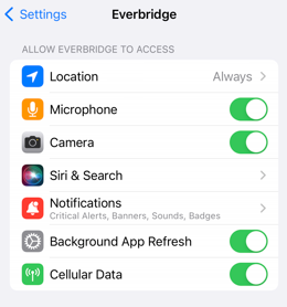 Settings Everbridge “Allow Everbrige to Access” – Location set to Always, Microphone toggled to allow, Camera toggled to allow, Siri & Search with an arrow on right, Notifications: Critical Alerts, Banners, Sounds, Badges toggled to allow, Background App Refresh toggled to allow, Cellular Data toggled to allow.