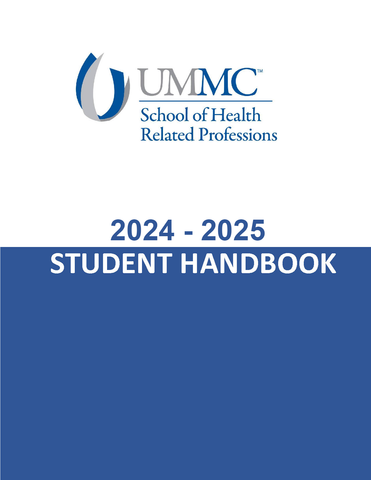 Handbook cover that reads UMMC School of Health Related Professions 2023-2024 Student Handbook