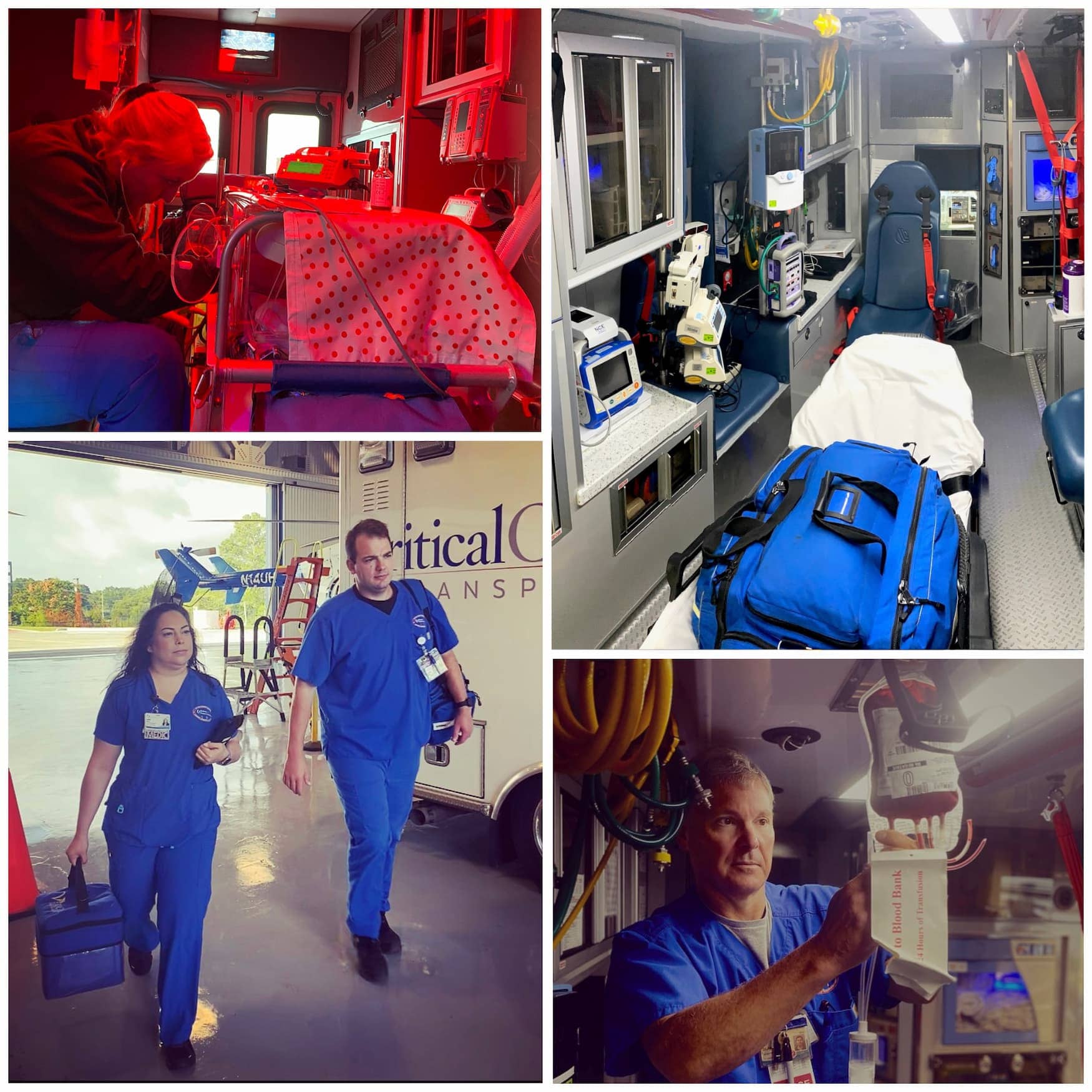 Collage of images of Pediatric Transport Services staff at work.