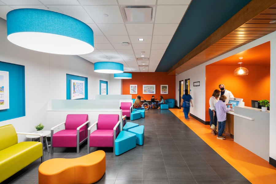 Patient waiting area inside Sanderson Tower at Children's of MS Hospital.