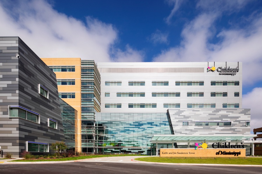 Exterior, focused on front door of Sanderson Tower at Children's of Mississippi Hospital.