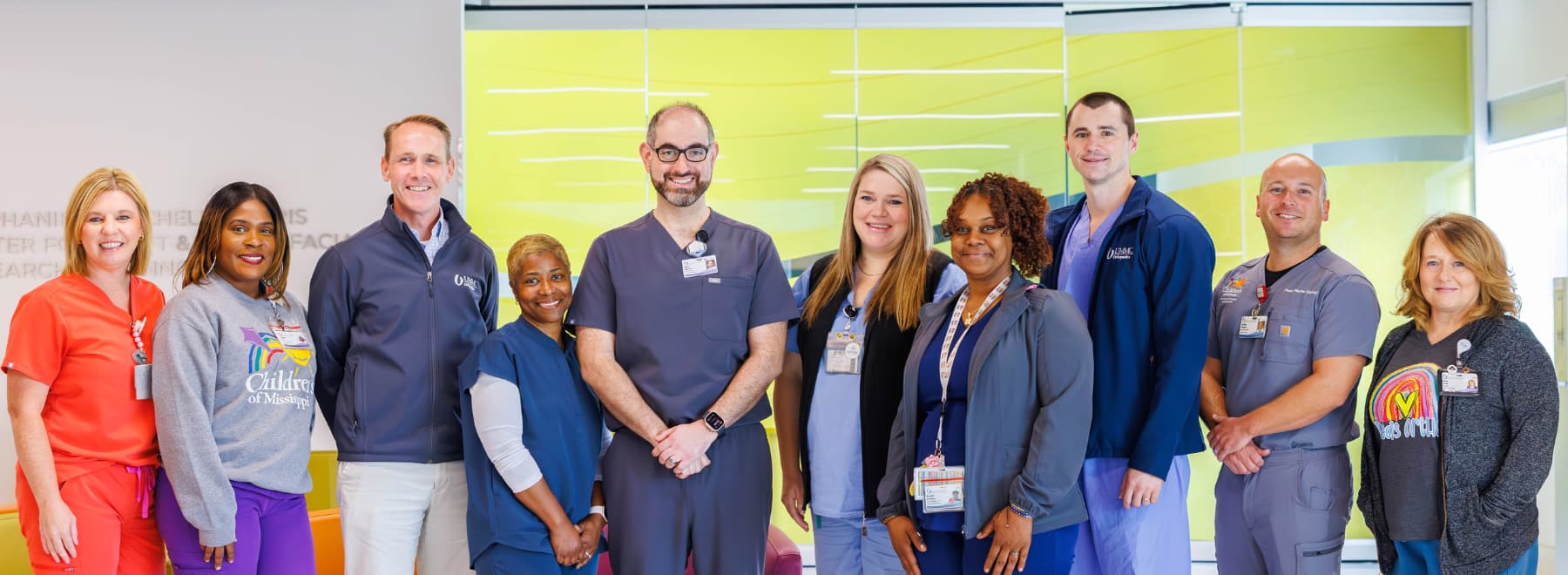 The team of specialists at Children's of Mississippi's pediatric orthopaedic walk-in clinic includes, from left, Wendy Craddock, radiologic technologist; Shameika Durr, medical office assistant; Dr. Patrick Wright; Alicia Taylor, certified medical assistant; Dr. Hamdi Sukkarieh; Amy Edwards, nurse practitioner; Marquita Broadway, certified medical assistant; Dr. Kyle Deivert, resident; Jonathan Princiotta, nurse practitioner; and Nichole Powell, licensed practical nurse.