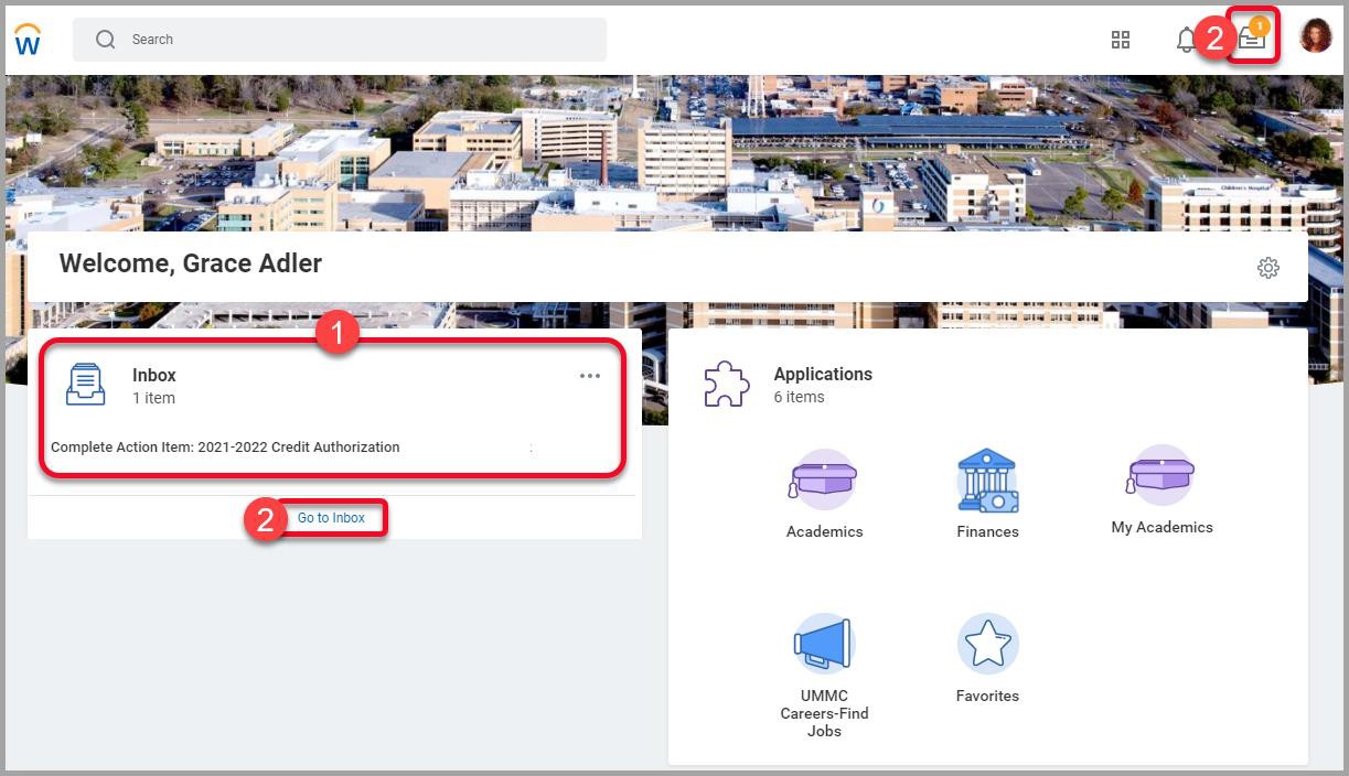 Workday welcome screen with Inbox preview highlighted and. lebeled with number 1, Go to Inbox highlighted and labeled number 2, and Inbox icon on top right corner highlighted and labeled number 2.