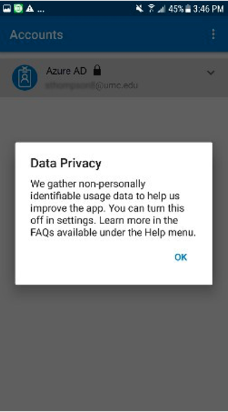 Smartphone screen showing a data privacy pop-up from an app, explaining non-personal usage data collection with an option to turn it off in settings.