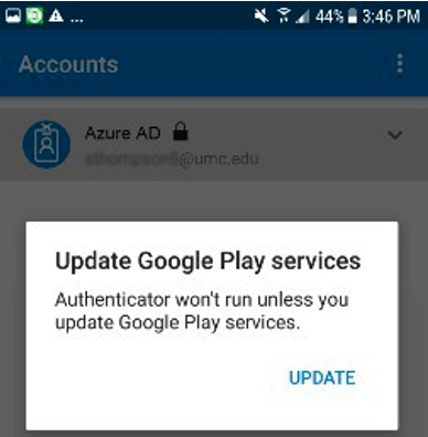 Smartphone screen showing a Google Play services update prompt required for Authenticator to run, with an Azure AD account visible in the background.