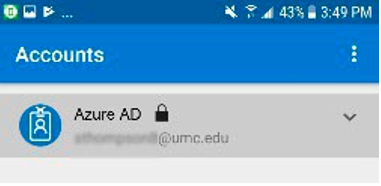 Mobile screenshot showing email account settings with an Azure AD entry and a partially blurred email address ending in @umc.edu.