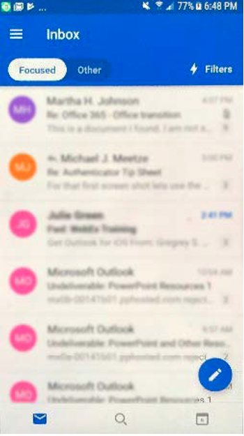 Mobile screenshot showing email account settings with an Azure AD entry and a partially blurred email inbox.