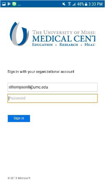 Company Portal app sign-in screen with a message at the top stating, “Your organization protects data in this app,” and an OK button.