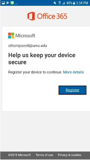 Mobile screen showing Azure AD account with a pop-up message requiring Google Play services update for Microsoft Authenticator to run.