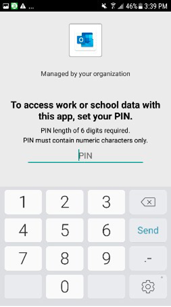 Smartphone screen prompting user to set a 6-digit numeric PIN to access work or school data in the Outlook app managed by their organization.
