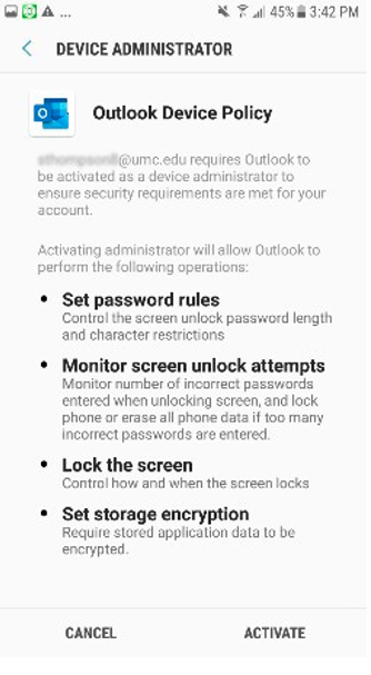 Smartphone screen showing Outlook Device Policy activation prompt with options to cancel or activate, listing security permissions required for device administrator access.