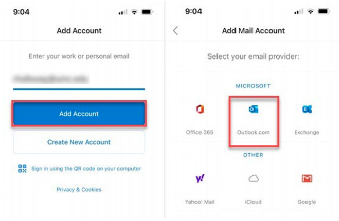 Screenshots of Add Account window with Add Account button highlighted, and Add Mail accoutn window with Outlook.com icon highlighted.