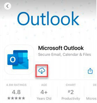 Microsoft Outlook app page in the App Store with Download icon highlighted.
