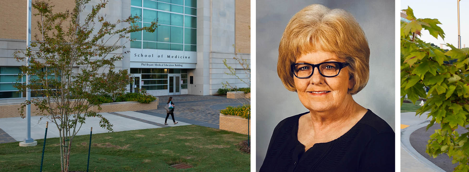 A group of pictures that shows Virginia Covington, an exterior shot of the School of Medicine Building, and a leafy green branch.