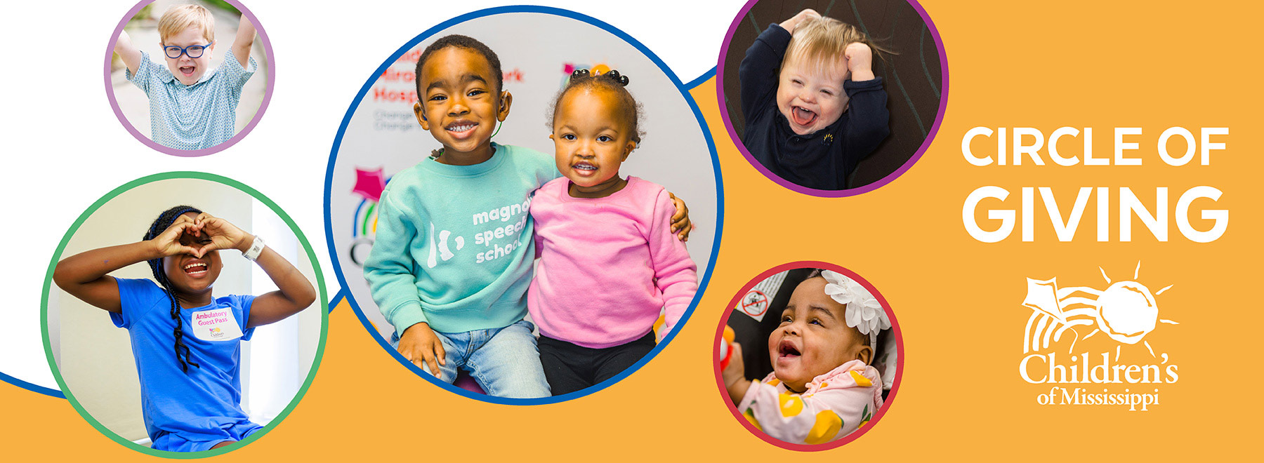 Several colorful circle with images of children in each circle along with the logo for Children's of Mississippi and the words Circle of Giving