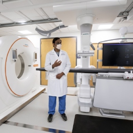 Provider explains new interventional radiology equipment.