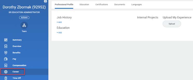 Workday profile with Career tab highlighted by a red rectsngle.