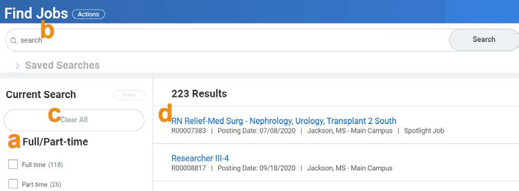 Find Jobs menu with the letter b on the search field, the letter c on the Clear All. button, the letter a next to the subheading Full/Part-time and the letter d next to the search results window.