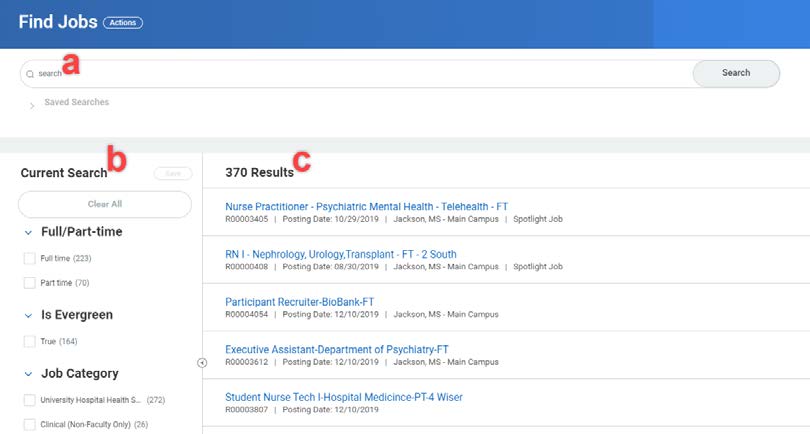 Find Jobs page with the letter a on the search bar, the letter b on Current Search left navigation bar, and the letter c on the search resutls with a title of 370 search results.