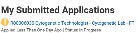 Title of My Submitted Applications with action item for a cytogenetic technologist position with a status of in progress.