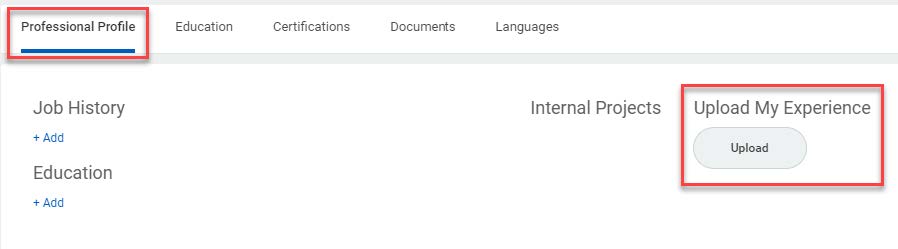 Professional Profile tab with title of Upload My Experience and Upload button highlighted with red rectangle.
