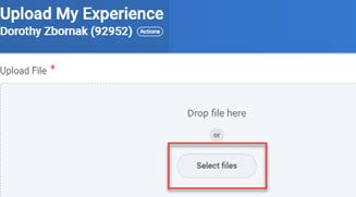 Upload-My-Experience dialog box with Select files button highlighted.