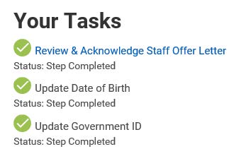 Title of Your Tasks with three checkmark icons to indicate that the review and acknowledgement letter, the update of the date of birth and the update of the government ID were completed.