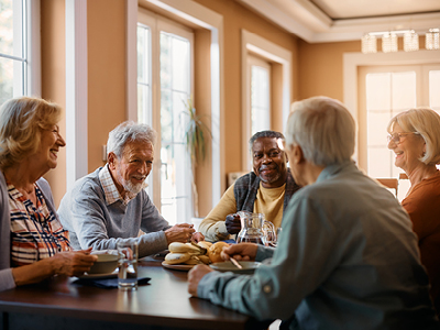 A group of adults, men and women, sit around a table enjoying a meal.