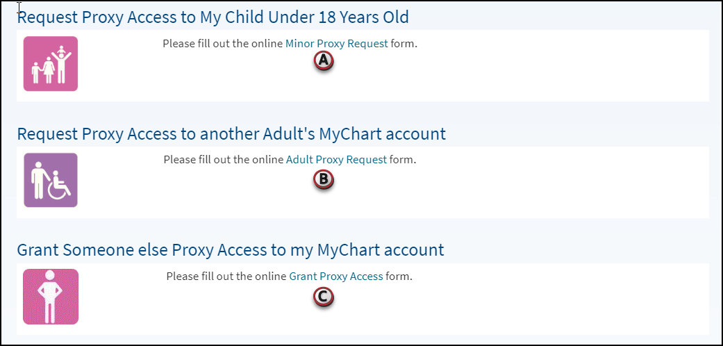 Screenshot shows options A, B, & C listed above and links to the appropriate request form.