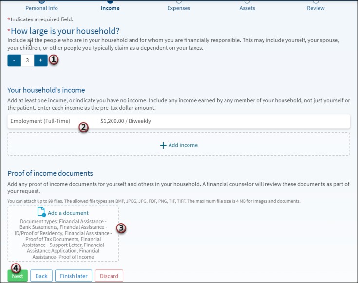 A screenshot of the MyChart Financial Assistance section and the Income step.