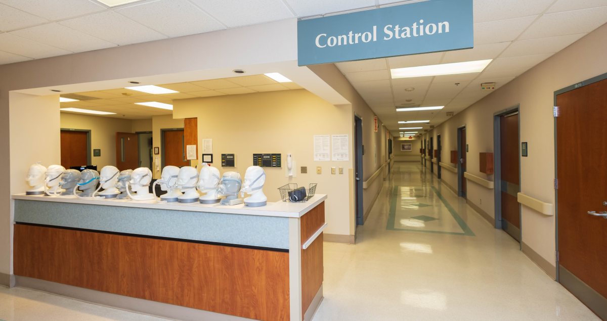 Nurses station where technicians monitor in-progress sleep studies.