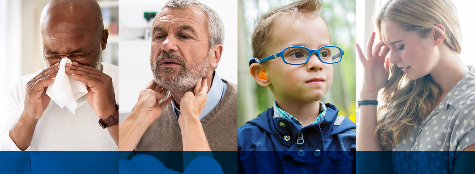 A collage of people of different ages, races, and genders with symptoms of ear, nose, and throat complaints.