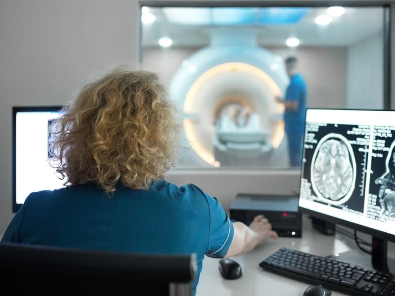 Closeup rear view of a female technician during MRI scanning procedure in the control room.