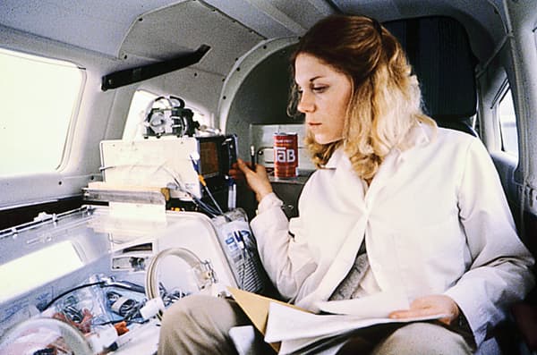 Transport nurse Kay Sucier watches an infant from her seat aboard a fixed-wing aircraft while enroute to Children's Hospital. Aircraft often were used in the early days of the transport program.