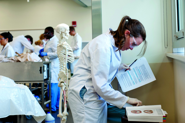 Jessica Arnold scans a textbook to nail down the day's dissection assignment.