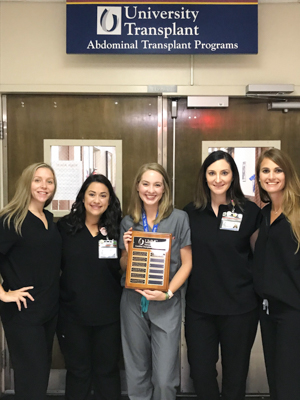 From left, Steele Lee, Leigh Spann, Anna McGraw, Lacey Dungan and Jodie Kilby, certified clinical transplant nurses