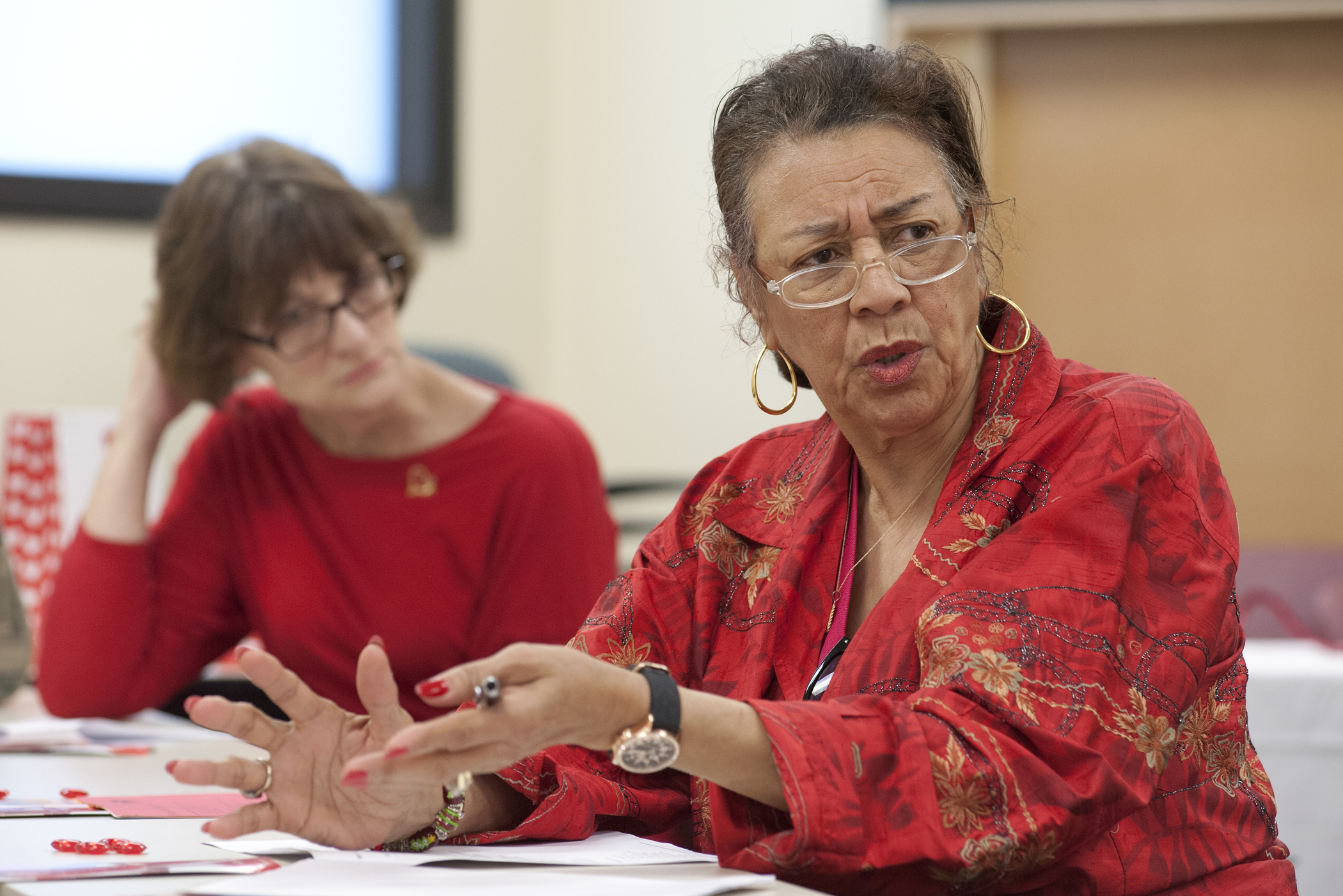 Johnnie Patton of Jackson, right, leads a support group for female heart patients with Kay Hodges of Terry.