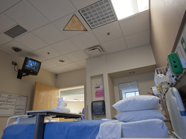 Adult Hospital patients have a friendly but firm reminder posted on their room ceiling to view when they're lying down: Don't get out of bed without asking for help, or you might fall.