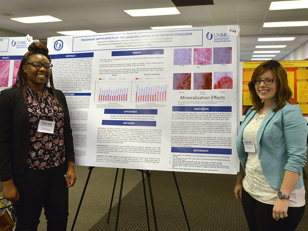 Tameka Jones, left, and Kayla Smith, SHRP Cytotechnology students, won best undergraduate student presentation for their work on bone nodule formation using a pulsed magnetic field.