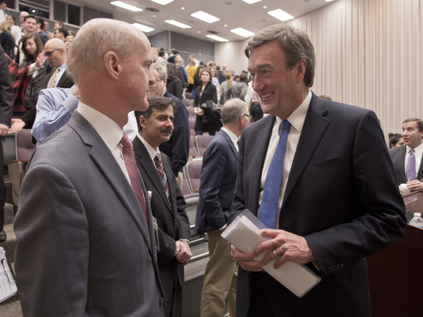 Dr. Charles O'Mara, associate vice chancellor for clinical affairs, chats with Mayo Clinic CEO and president Dr. John Noseworthy.