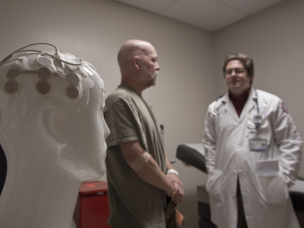 A manikin in the Department of Radiation Oncology at the Cancer Institute is outfitted with the electrical cell array.