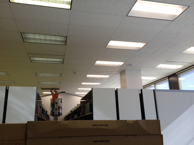LED lighting outshines is counterpart - fluorescent T-12 lighting - in the stack area of the Rowland Medical Library.