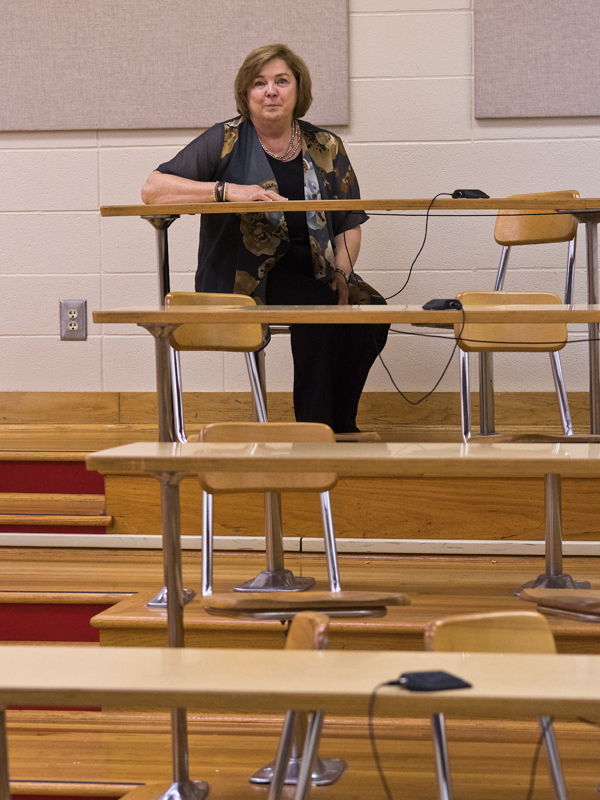 Vandergriff took time out on the tour of the SON to find her old seat in classroom A035, the only classroom in the SON still outfitted with original desks.