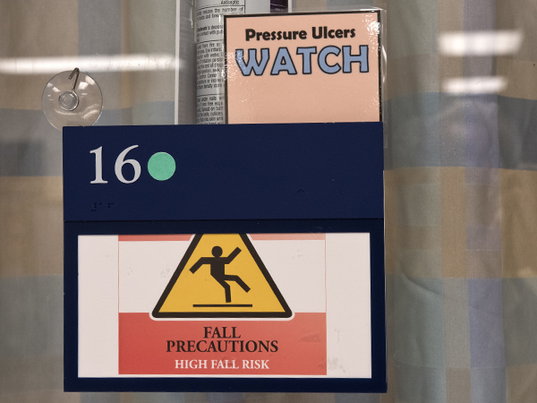 The doors of Medical Center patients in the Conerly Critical Care Hospital, many who are bedbound for a long period of time, often carry signs alerting staff to pressure ulcer risk.