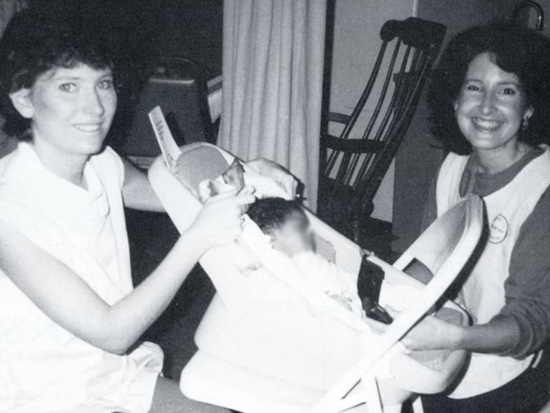 Care Seat colunteers Barrett Brown, left, and Lyn Brewer demonstrate the proper use of an infant car seat.