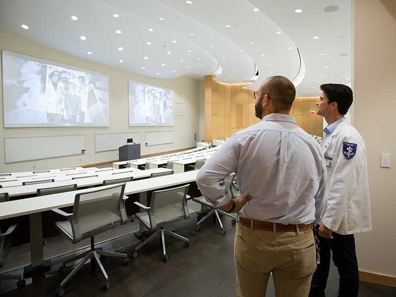 First-year medical student Peyton Thigpen of Jackson. left, and second-year medical student and Class President John Bobo of Clarksdale view one of the new School of Medicine's two auditoriums.