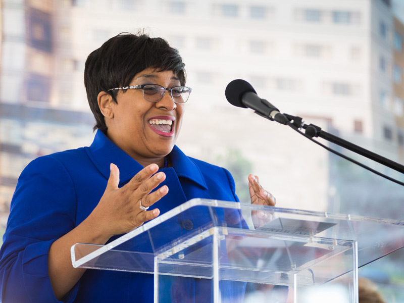 UMMC Chaplain Doris Whitaker offers the invocation at Friday's groundbreaking ceremony.