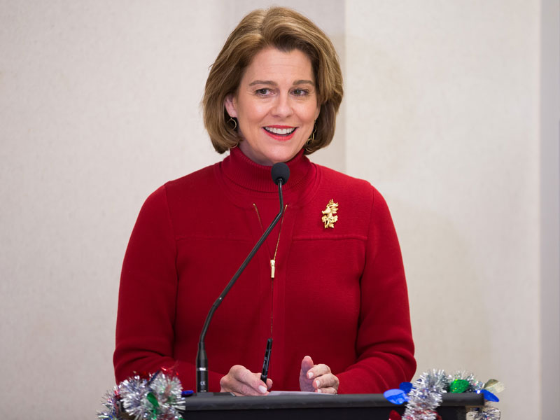 WJTV's Melanie Christopher announces the lighting of the Batson Children's Hospital Christmas tree. The tannenbaum, usually the cypress tree in front of the hospital, is a 13-foot tree in the Rainbow Garden between Batson and Wiser Hospital for Women and Infants due to construction plans.