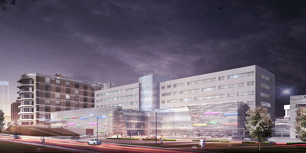 Artists night-time rendering of the new Children's of Mississippi tower being built adjacent to Batson Children's Hospital.