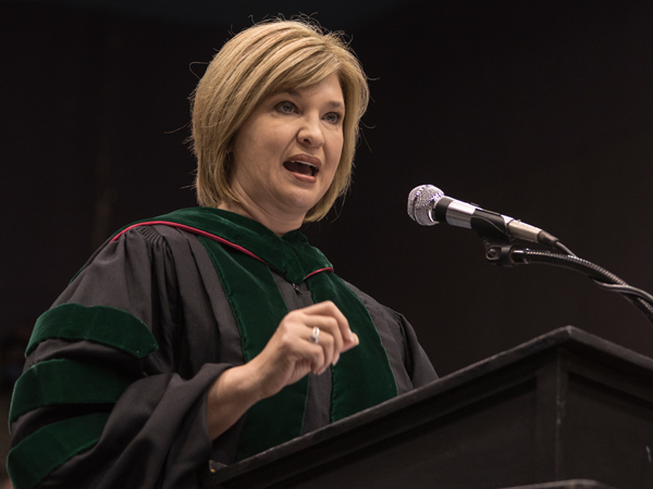 Dr. LouAnn Woodward, vice chancellor for health affairs and dean of the School of Medicine, addresses the Class of 2017.